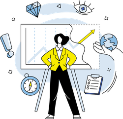 Vector cartoon of a woman standing in front of a whiteboard with metrics