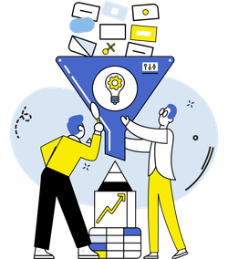 Vector cartoon of two workers funneling data objects into an orderly stack